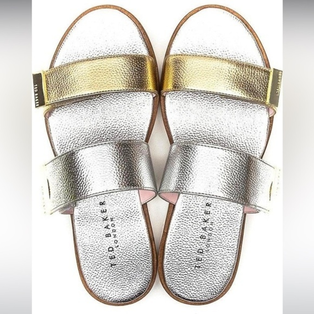 Ted Baker Mixed-Metallic Gold and Silver Double-Strap Slide Sandals